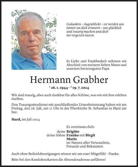 Todesanzeige von Hermann Grabher von Vorarlberger Nachrichten