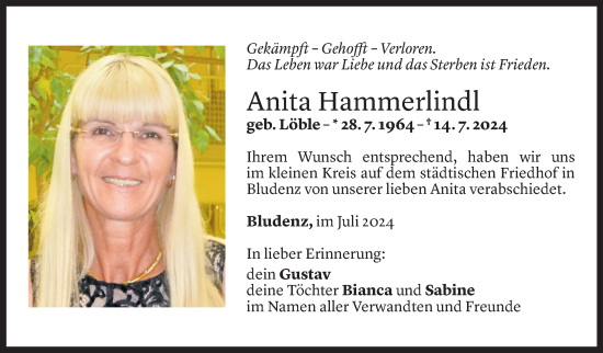 Todesanzeige von Anita Hammerlindl von Vorarlberger Nachrichten