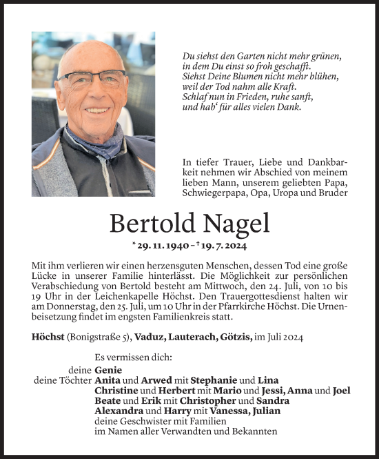 Todesanzeige von Bertold Nagel von Vorarlberger Nachrichten