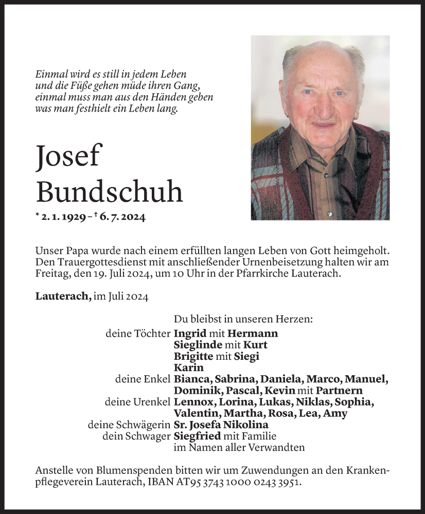  Todesanzeige für Josef Bundschuh vom 12.07.2024 aus Vorarlberger Nachrichten