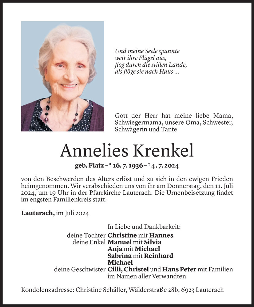  Todesanzeige für Annelies Krenkel vom 07.07.2024 aus Vorarlberger Nachrichten