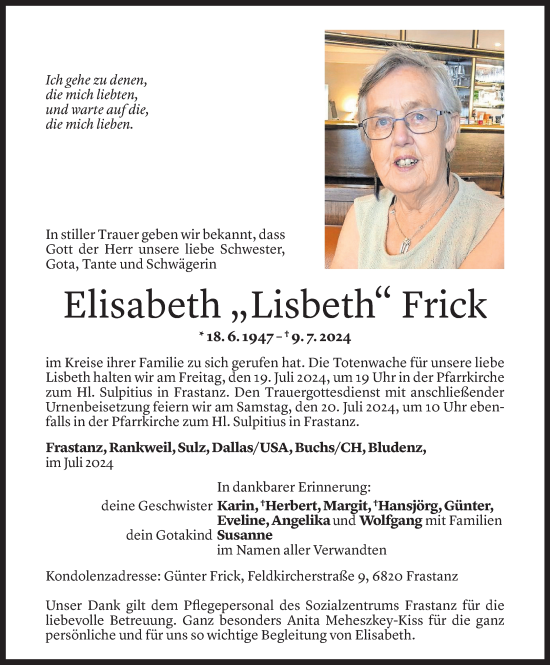 Todesanzeige von Elisabeth Frick von Vorarlberger Nachrichten