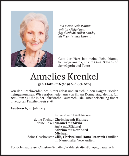 Todesanzeige von Annelies Krenkel von Vorarlberger Nachrichten