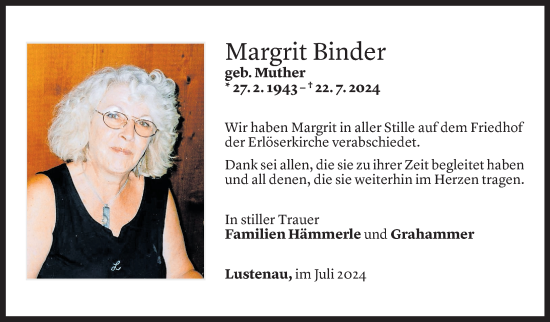 Todesanzeige von Margrit Binder von Vorarlberger Nachrichten