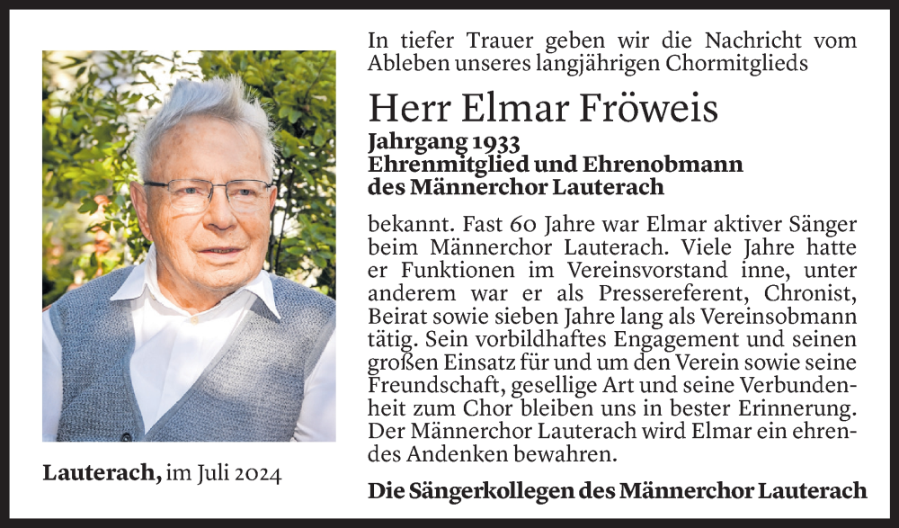  Todesanzeige für Elmar Fröweis vom 28.07.2024 aus Vorarlberger Nachrichten