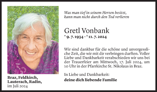 Todesanzeige von Gretl Vonbank von Vorarlberger Nachrichten