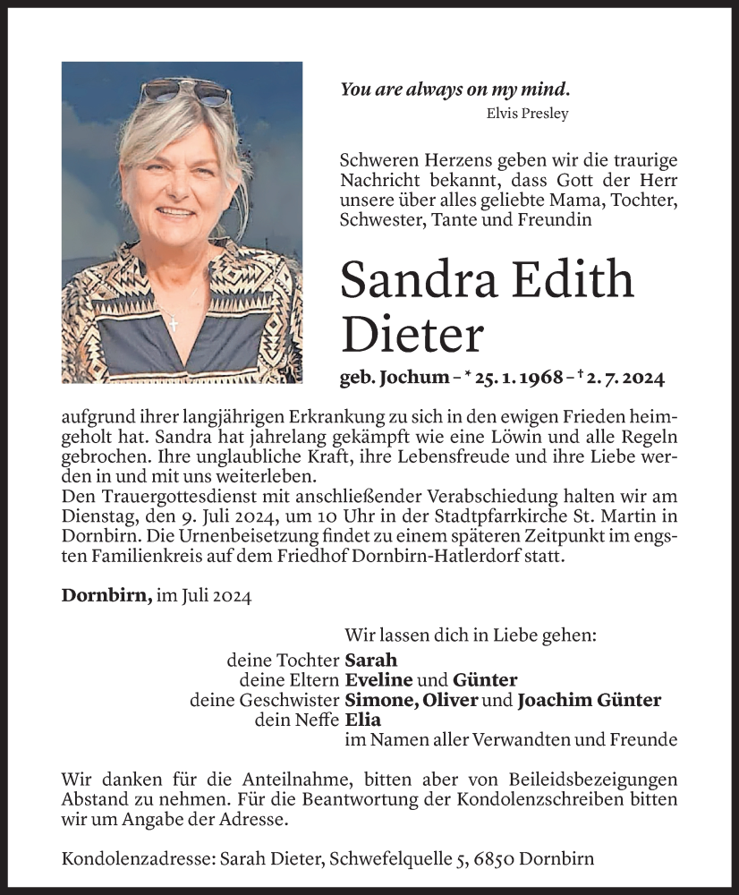  Todesanzeige für Sandra Dieter vom 05.06.2024 aus Vorarlberger Nachrichten