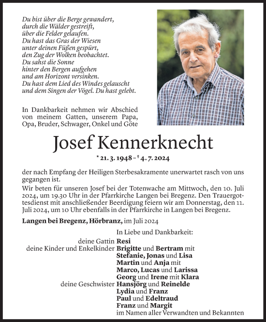 Todesanzeige von Josef Kennerknecht von Vorarlberger Nachrichten