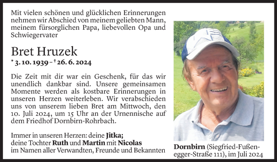 Todesanzeige von Bret Hruzek von Vorarlberger Nachrichten