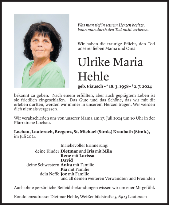 Todesanzeige von Ulrike Maria Hehle von Vorarlberger Nachrichten