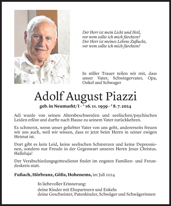 Todesanzeige von Adolf Piazzi von Vorarlberger Nachrichten