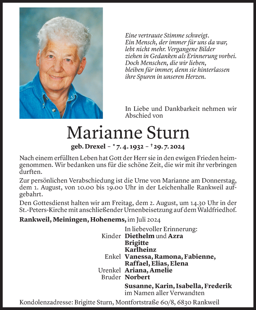  Todesanzeige für Marianne Sturn vom 30.07.2024 aus Vorarlberger Nachrichten