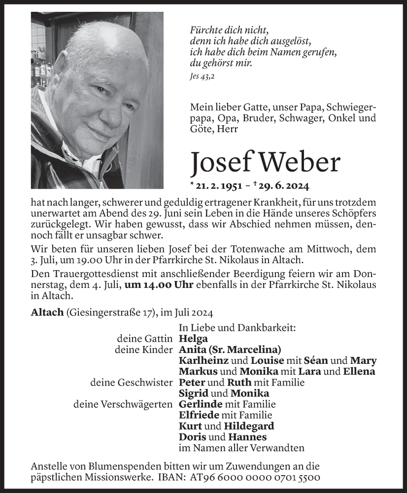  Todesanzeige für Josef Weber vom 02.07.2024 aus Vorarlberger Nachrichten
