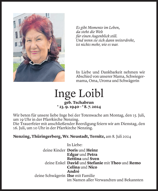Todesanzeige von Inge Loibl von Vorarlberger Nachrichten