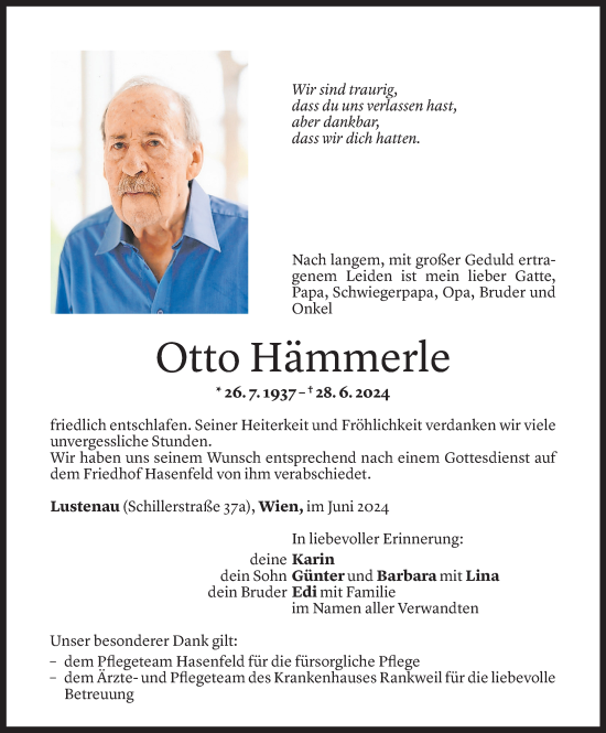 Todesanzeige von Otto Hämmerle von Vorarlberger Nachrichten