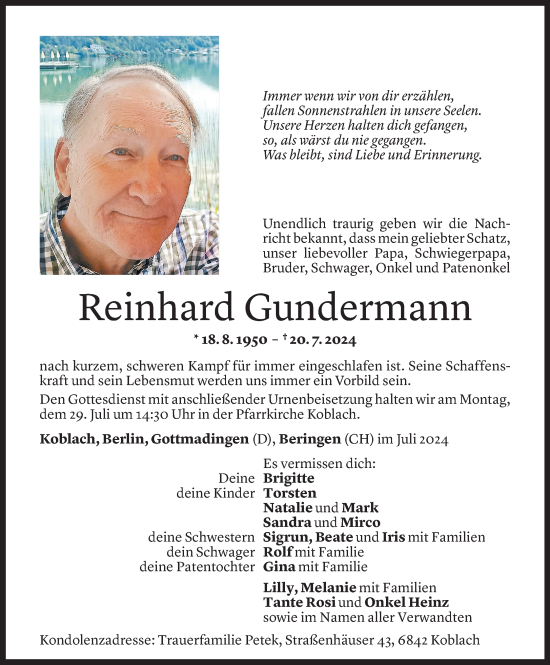 Todesanzeige von Reinhard Gundermann von Vorarlberger Nachrichten