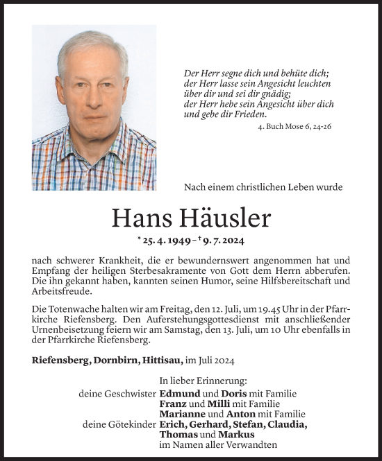 Todesanzeige von Hans Häusler von Vorarlberger Nachrichten