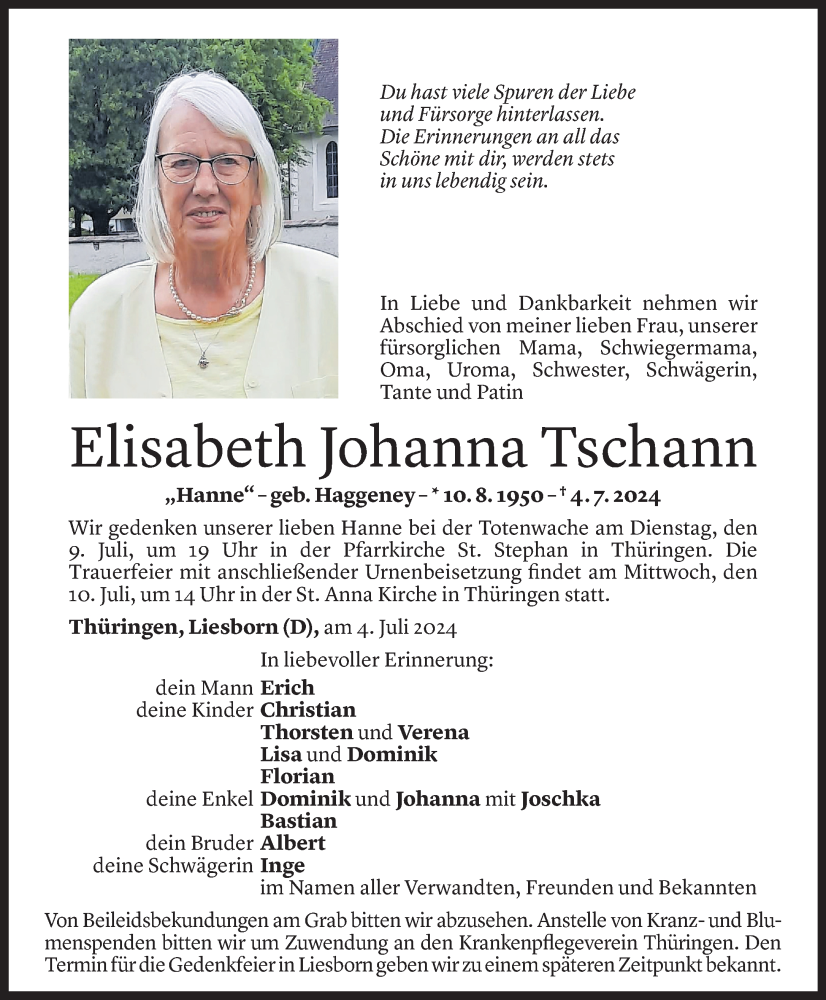  Todesanzeige für Elisabeth Johanna Tschann vom 05.07.2024 aus Vorarlberger Nachrichten