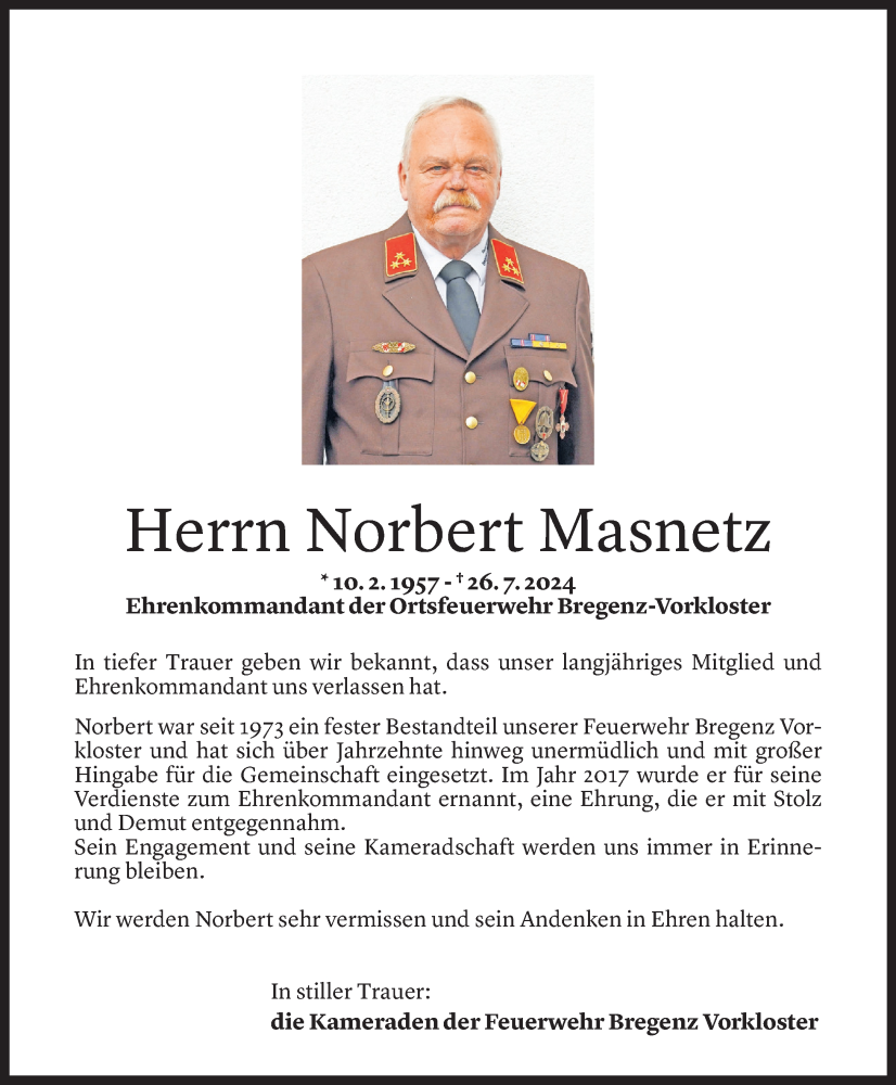  Todesanzeige für Norbert Masnetz vom 29.07.2024 aus Vorarlberger Nachrichten