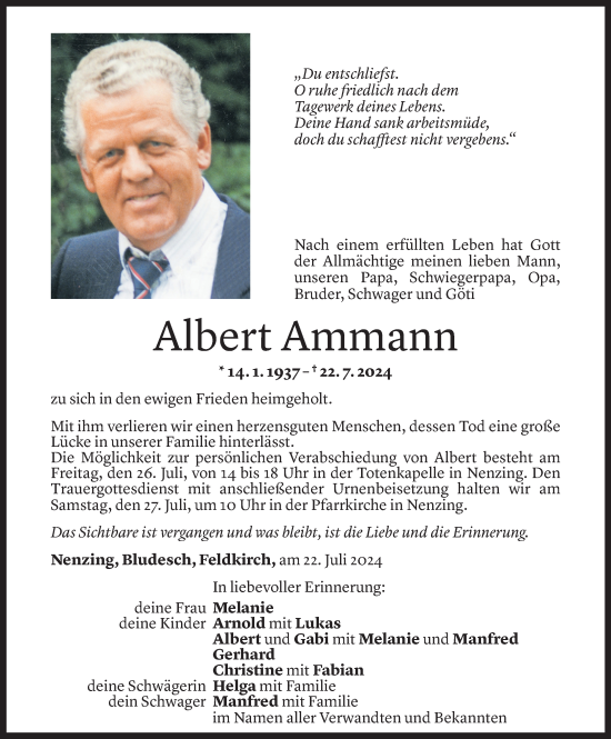 Todesanzeige von Albert Ammann von Vorarlberger Nachrichten