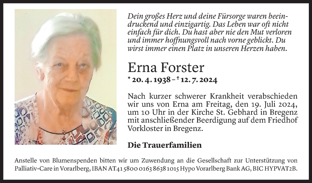  Todesanzeige für Erna Forster vom 16.07.2024 aus Vorarlberger Nachrichten