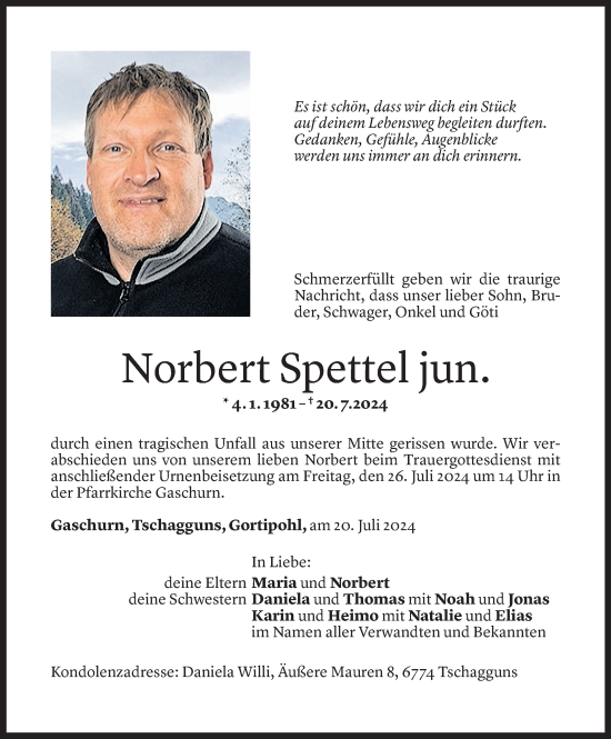Todesanzeige von Norbert Spettel von Vorarlberger Nachrichten