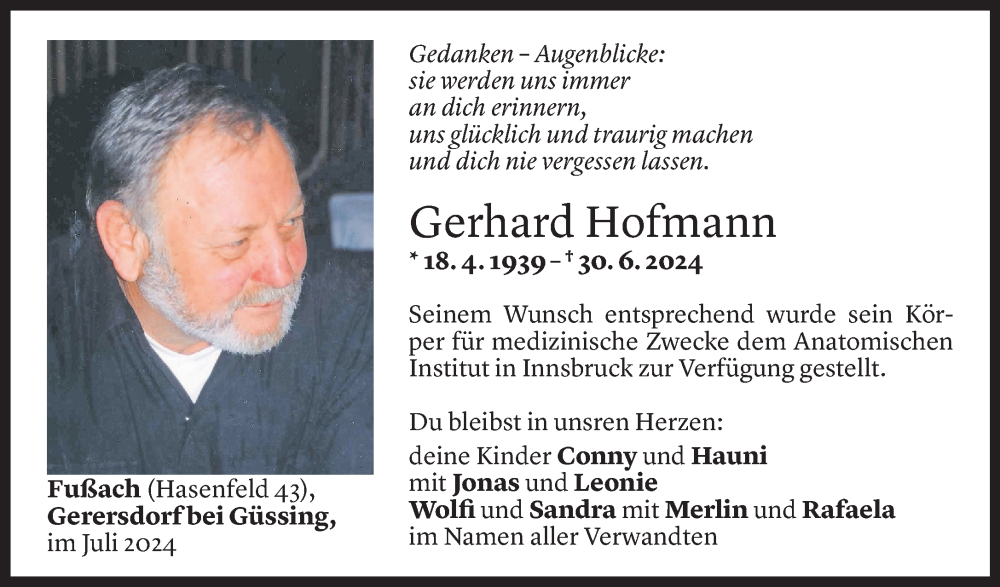  Todesanzeige für Gerhard Hofmann vom 03.07.2024 aus Vorarlberger Nachrichten