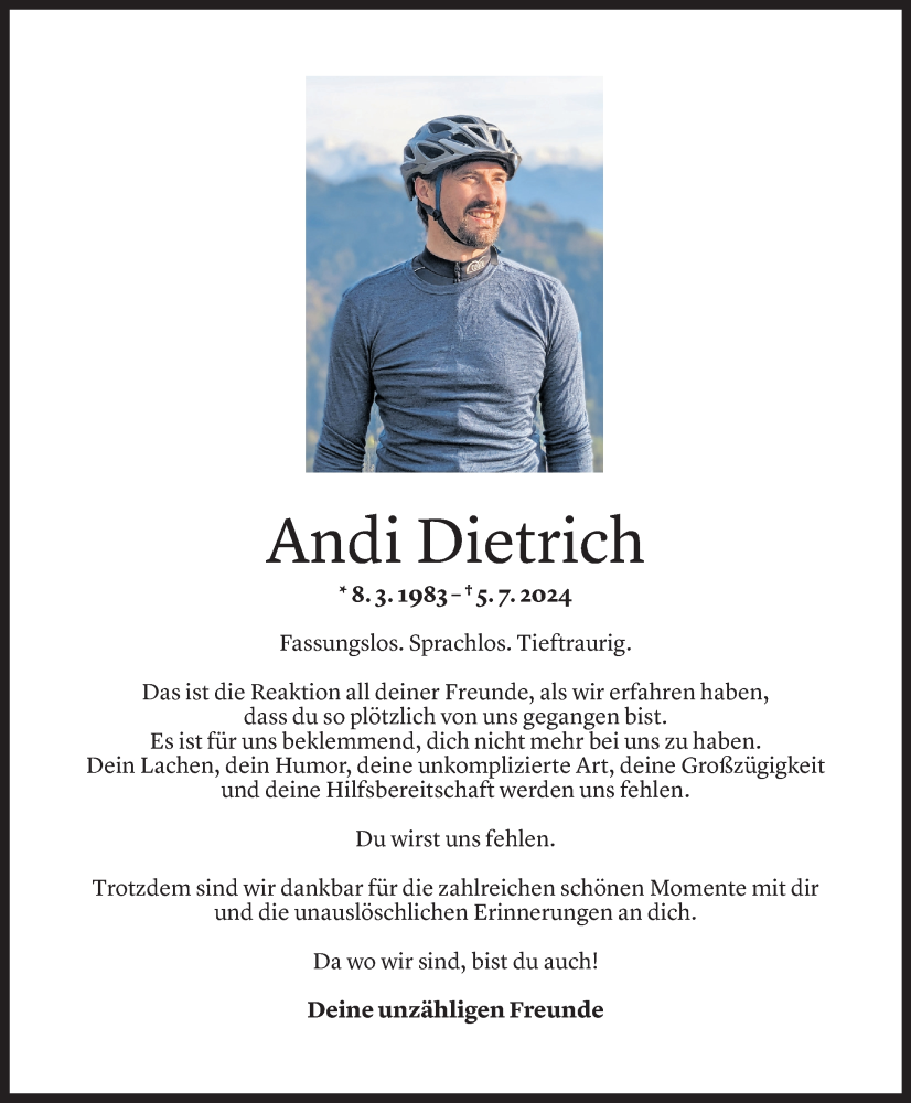  Todesanzeige für Andreas Dietrich vom 10.07.2024 aus Vorarlberger Nachrichten