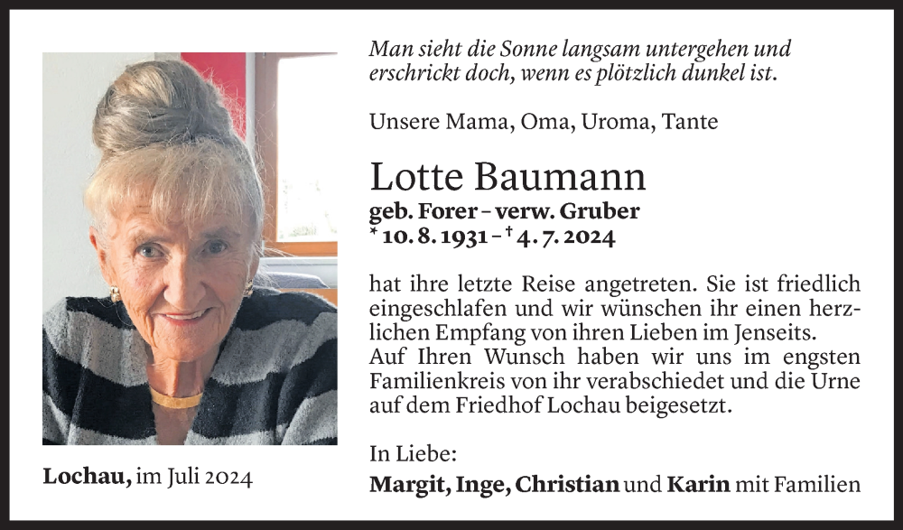  Todesanzeige für Lotte Baumann vom 13.07.2024 aus Vorarlberger Nachrichten