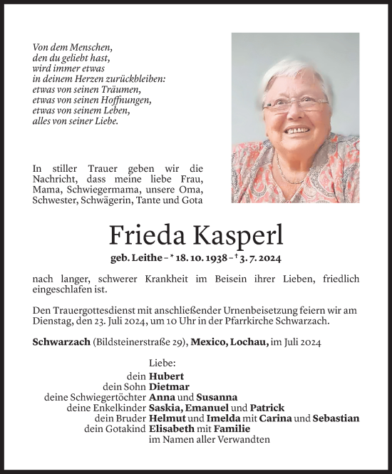 Todesanzeige von Frieda Kasperl von Vorarlberger Nachrichten
