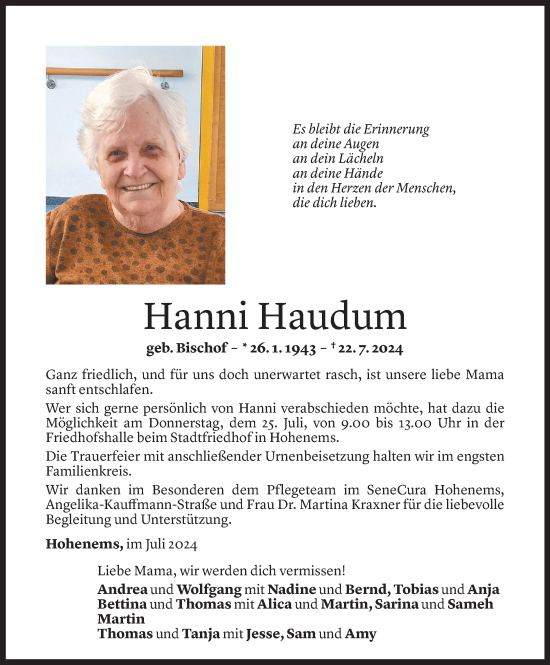 Todesanzeige von Hanni Haudum von Vorarlberger Nachrichten