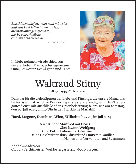 Todesanzeige von Waltraud Stitny von Vorarlberger Nachrichten