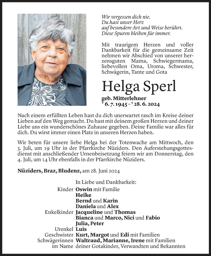  Todesanzeige für Helga Sperl vom 02.07.2024 aus Vorarlberger Nachrichten