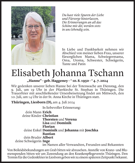 Todesanzeige von Elisabeth Johanna Tschann von Vorarlberger Nachrichten
