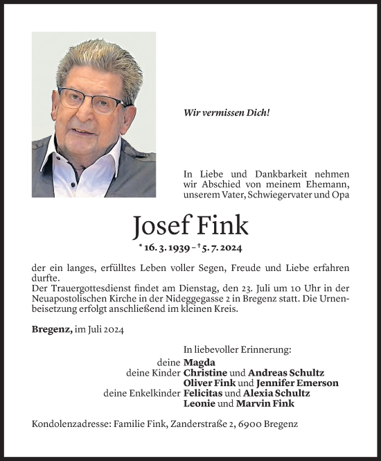 Todesanzeige von Josef Fink von Vorarlberger Nachrichten