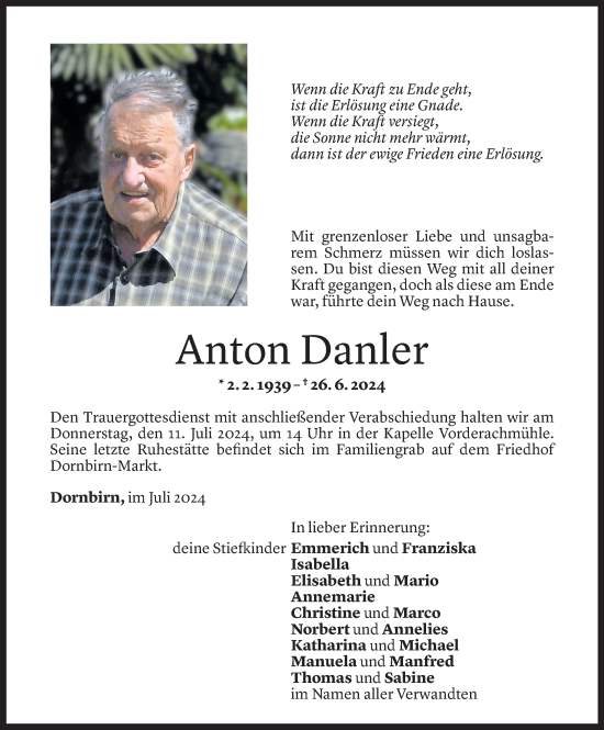 Todesanzeige von Anton Danler von Vorarlberger Nachrichten
