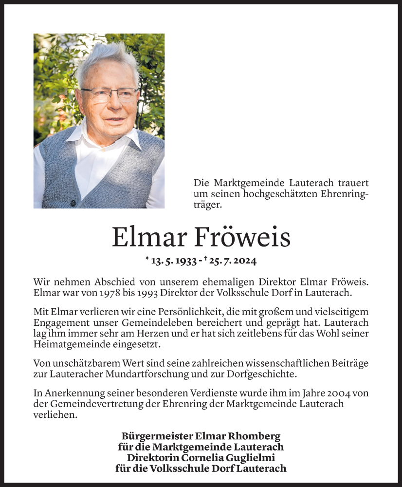  Todesanzeige für Elmar Fröweis vom 26.07.2024 aus Vorarlberger Nachrichten