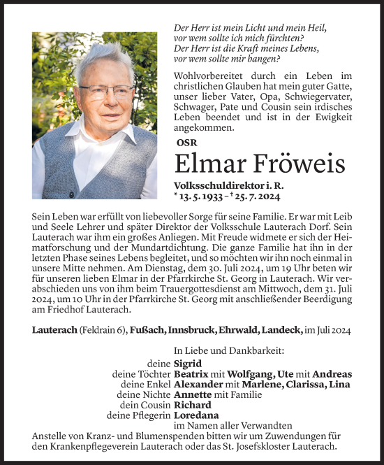 Todesanzeige von Elmar Fröweis von Vorarlberger Nachrichten