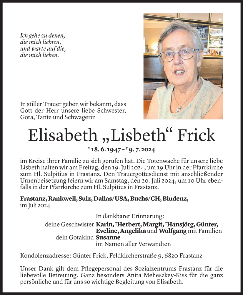  Todesanzeige für Elisabeth Frick vom 17.07.2024 aus Vorarlberger Nachrichten