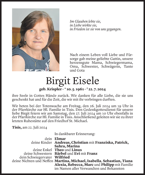 Todesanzeige von Birgit Eisele von Vorarlberger Nachrichten