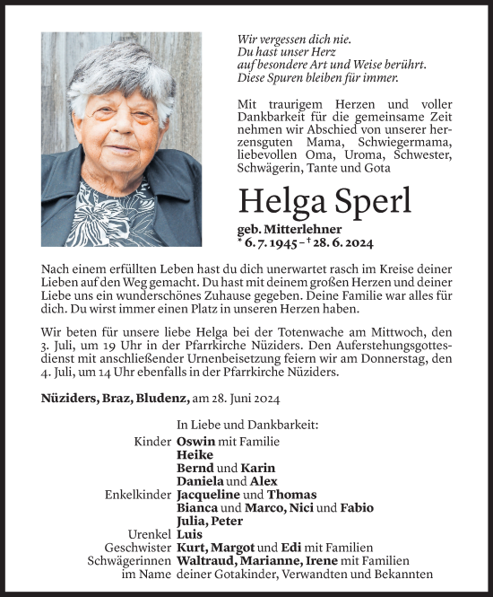 Todesanzeige von Helga Sperl von Vorarlberger Nachrichten