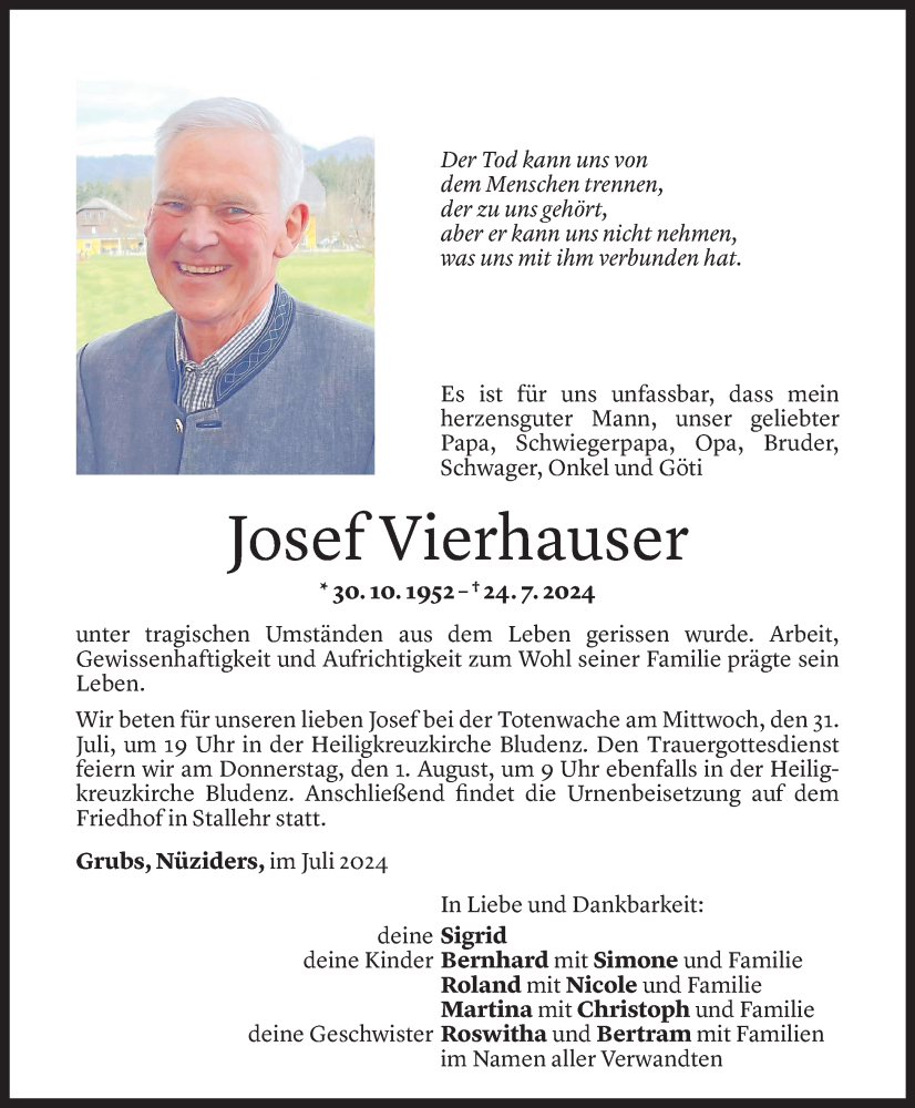  Todesanzeige für Josef Vierhauser vom 28.07.2024 aus Vorarlberger Nachrichten