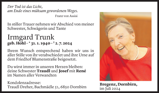 Todesanzeige von Irmgard Trunk von Vorarlberger Nachrichten