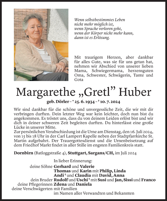 Todesanzeige von Margarethe Huber von Vorarlberger Nachrichten