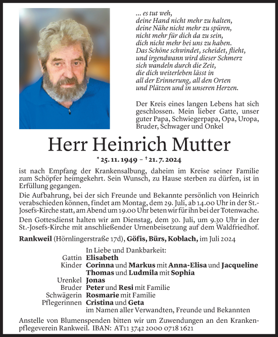 Todesanzeige von Heinrich Mutter von Vorarlberger Nachrichten