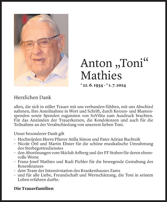 Todesanzeige von Anton Mathies von Vorarlberger Nachrichten