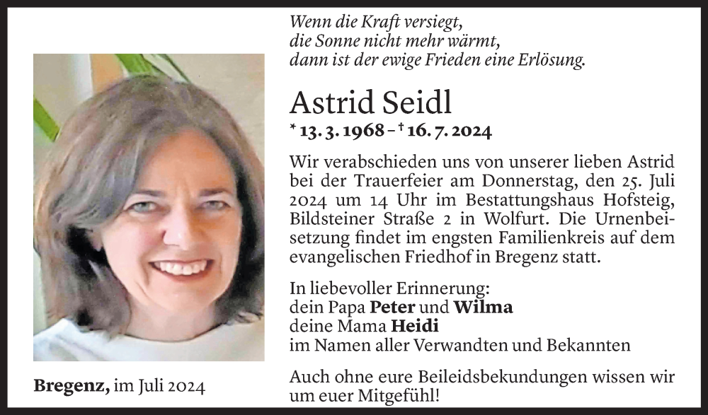  Todesanzeige für Astrid Seidl vom 19.07.2024 aus Vorarlberger Nachrichten