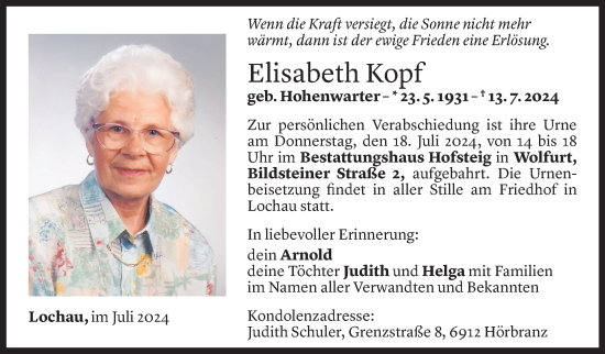 Todesanzeige von Elisabeth Kopf von Vorarlberger Nachrichten