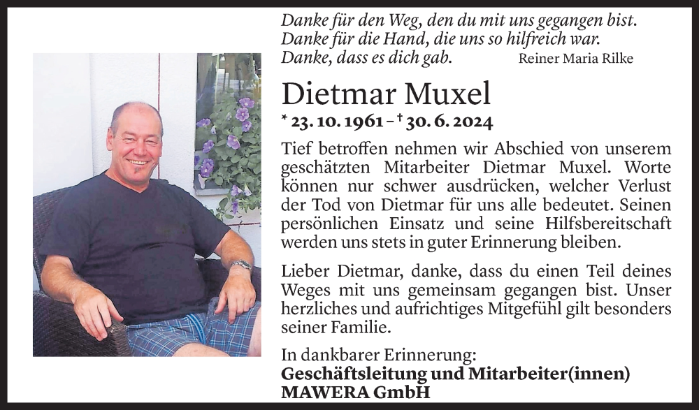  Todesanzeige für Dietmar Muxel vom 06.07.2024 aus Vorarlberger Nachrichten