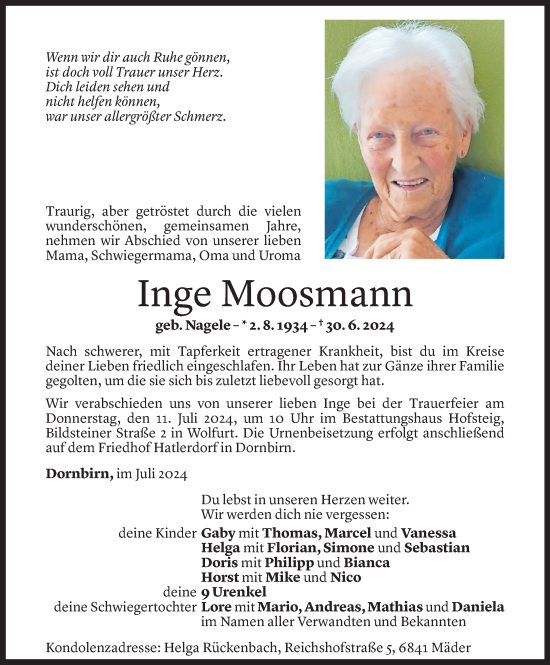 Todesanzeige von Inge Moosmann von Vorarlberger Nachrichten